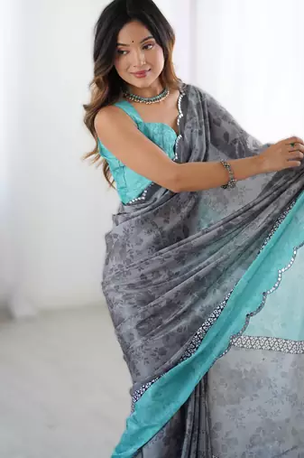 Grey chinon printed saree with pape mirror work & mirror border | party & wedding wear saree