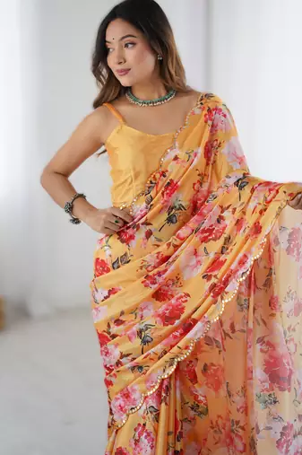 Dark yellow chinon printed saree with pape mirror work & mirror border | party & wedding wear saree