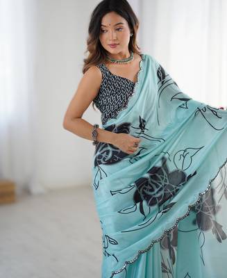 Sky blue chinon printed saree with pape mirror work & mirror border | party & wedding wear saree 3