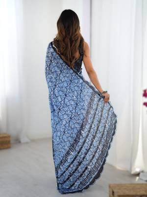 Sky blue chinon printed saree with pape mirror work & mirror border | party & wedding wear saree 2