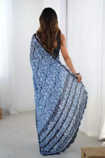 Sky blue chinon printed saree with pape mirror work & mirror border | party & wedding wear saree