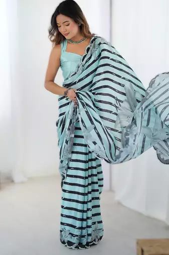 Sea green chinon printed saree with pape mirror work & mirror border | party & wedding wear saree