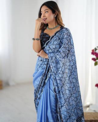 Sky blue chinon printed saree with pape mirror work & mirror border | party & wedding wear saree 3