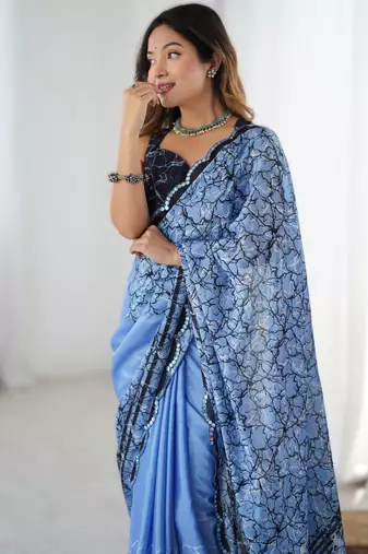 Sky blue chinon printed saree with pape mirror work & mirror border | party & wedding wear saree