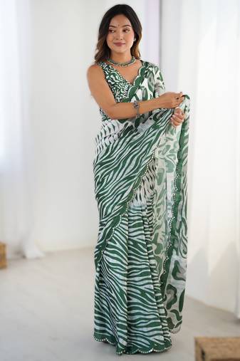 Green heavy chinon printed saree with pape mirror work & mirror border | designer party & wedding wear saree