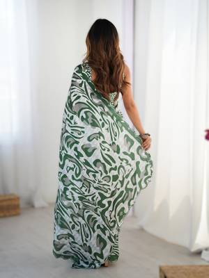 Green chinon printed saree with pape mirror work & mirror border | party & wedding wear saree 2