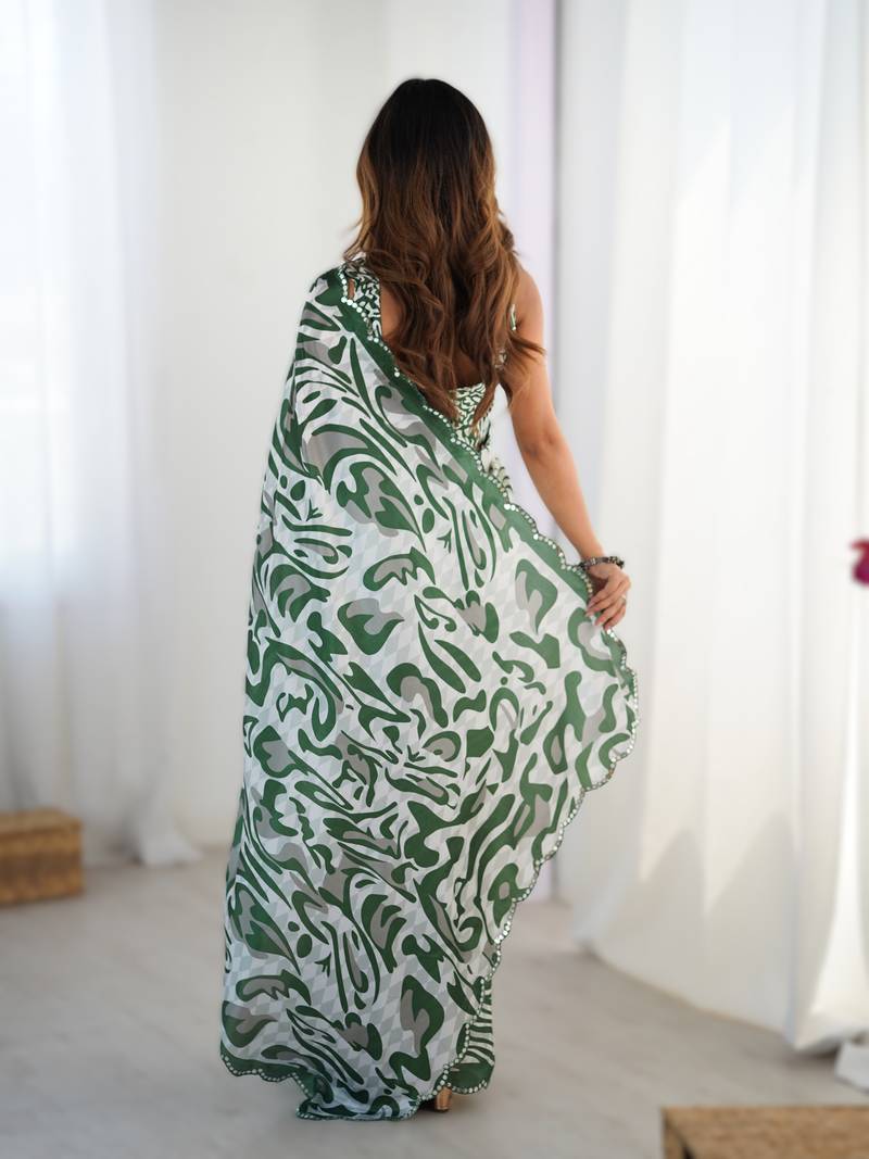 Green heavy chinon printed saree with pape mirror work & mirror border | designer party & wedding wear saree