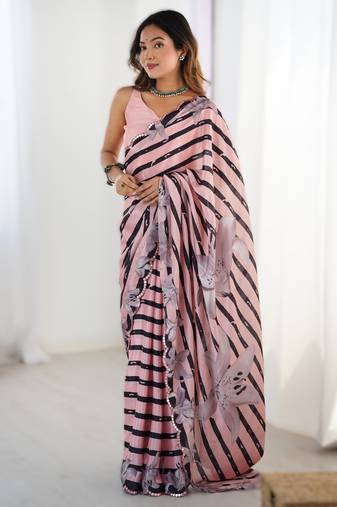 Light pink heavy chinon printed saree with pape mirror work & mirror border | designer party & wedding wear saree