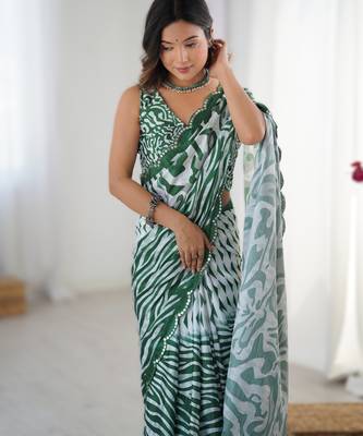 Green chinon printed saree with pape mirror work & mirror border | party & wedding wear saree 3