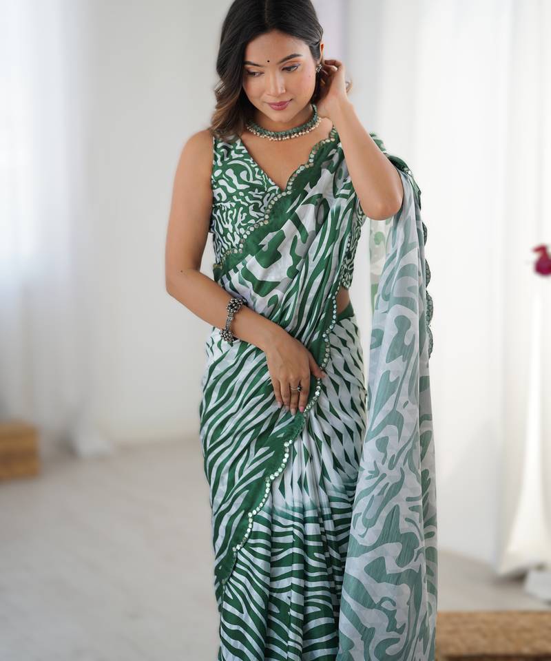 Green heavy chinon printed saree with pape mirror work & mirror border | designer party & wedding wear saree