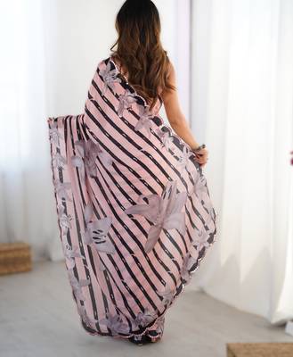Light pink chinon printed saree with pape mirror work & mirror border | party & wedding wear saree 2
