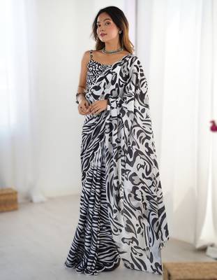 Black chinon printed saree with pape mirror work & mirror border | party & wedding wear saree 1