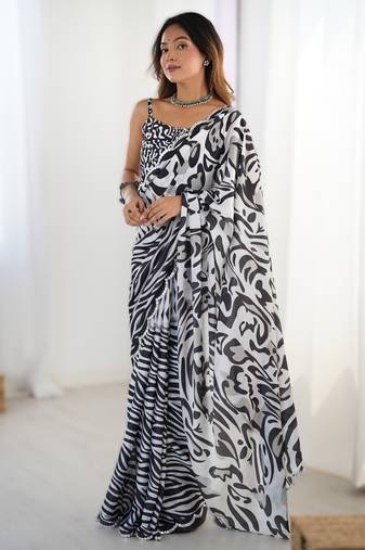 Black heavy chinon printed saree with pape mirror work & mirror border | designer party & wedding wear saree