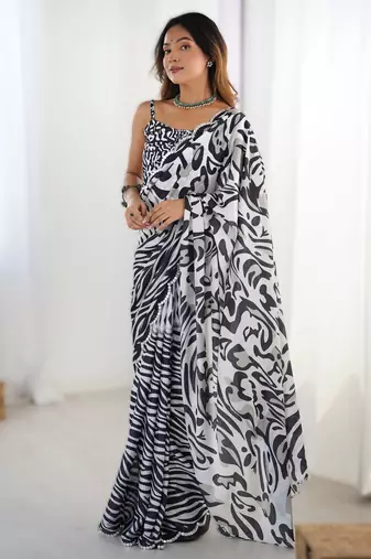 Black heavy chinon printed saree with pape mirror work & mirror border | designer party & wedding wear saree