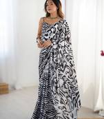 Black heavy chinon printed saree with pape mirror work & mirror border | designer party & wedding wear saree