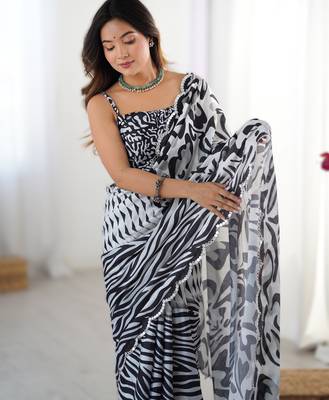 Black chinon printed saree with pape mirror work & mirror border | party & wedding wear saree 3