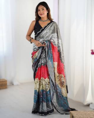 Grey chinon printed saree with pape mirror work & mirror border | party & wedding wear saree 1