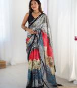 Grey heavy chinon printed saree with pape mirror work & mirror border | designer party & wedding wear saree
