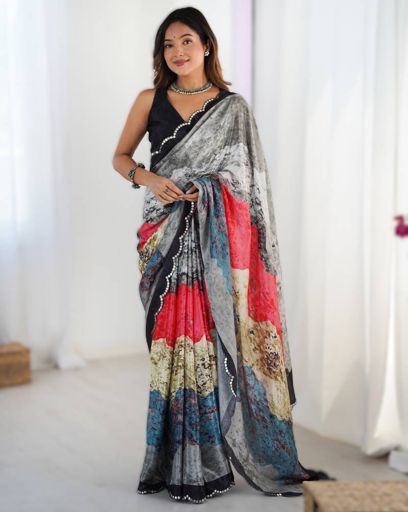 Grey heavy chinon printed saree with pape mirror work & mirror border | designer party & wedding wear saree
