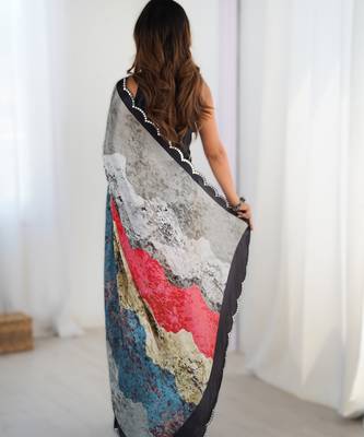 Grey chinon printed saree with pape mirror work & mirror border | party & wedding wear saree 2