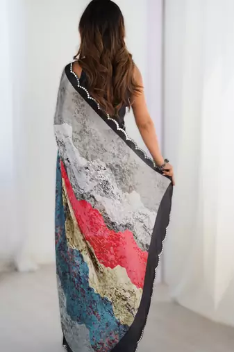 Grey chinon printed saree with pape mirror work & mirror border | party & wedding wear saree