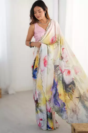 Cream heavy chinon printed saree with pape mirror work & mirror border | designer party & wedding wear saree