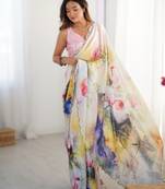 Cream heavy chinon printed saree with pape mirror work & mirror border | designer party & wedding wear saree