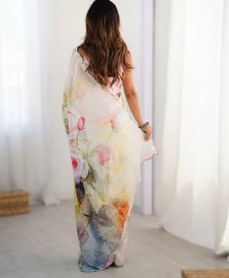 Cream chinon printed saree with pape mirror work & mirror border | party & wedding wear saree 2