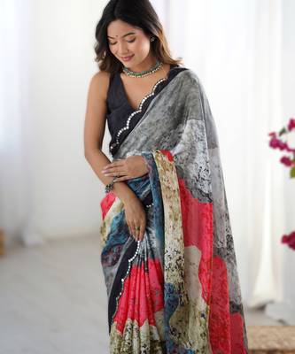 Grey chinon printed saree with pape mirror work & mirror border | party & wedding wear saree 3