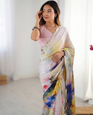 Cream chinon printed saree with pape mirror work & mirror border | party & wedding wear saree 3