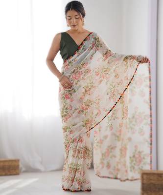Off white multi-color flower butti work saree with colorful jumka lace border 1