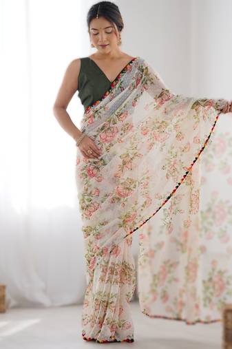 Off white multi-color flower butti work saree with colorful jumka lace border