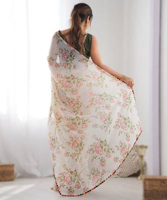Off white multi-color flower butti work saree with colorful jumka lace border 2