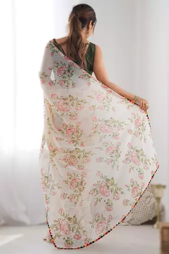 Off white multi-color flower butti work saree with colorful jumka lace border