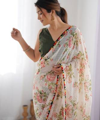 Off white multi-color flower butti work saree with colorful jumka lace border 3