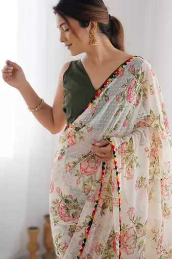 Off white multi-color flower butti work saree with colorful jumka lace border