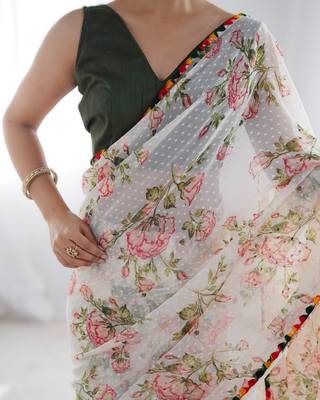 Off white multi-color flower butti work saree with colorful jumka lace border 4