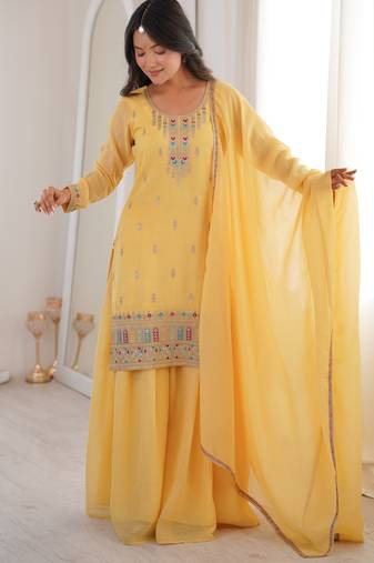Yellow pure crunchy silk top kurta with sharara & dupatta | fancy embroidery sequence, dori, thread & zari work