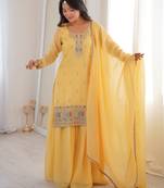 Yellow pure crunchy silk top kurta with sharara & dupatta | fancy embroidery sequence, dori, thread & zari work