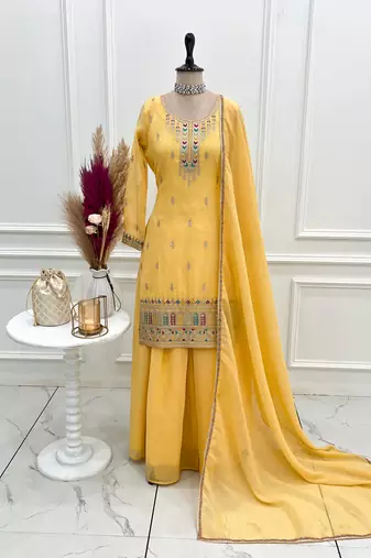 Yellow pure crunchy silk top kurta with sharara & dupatta