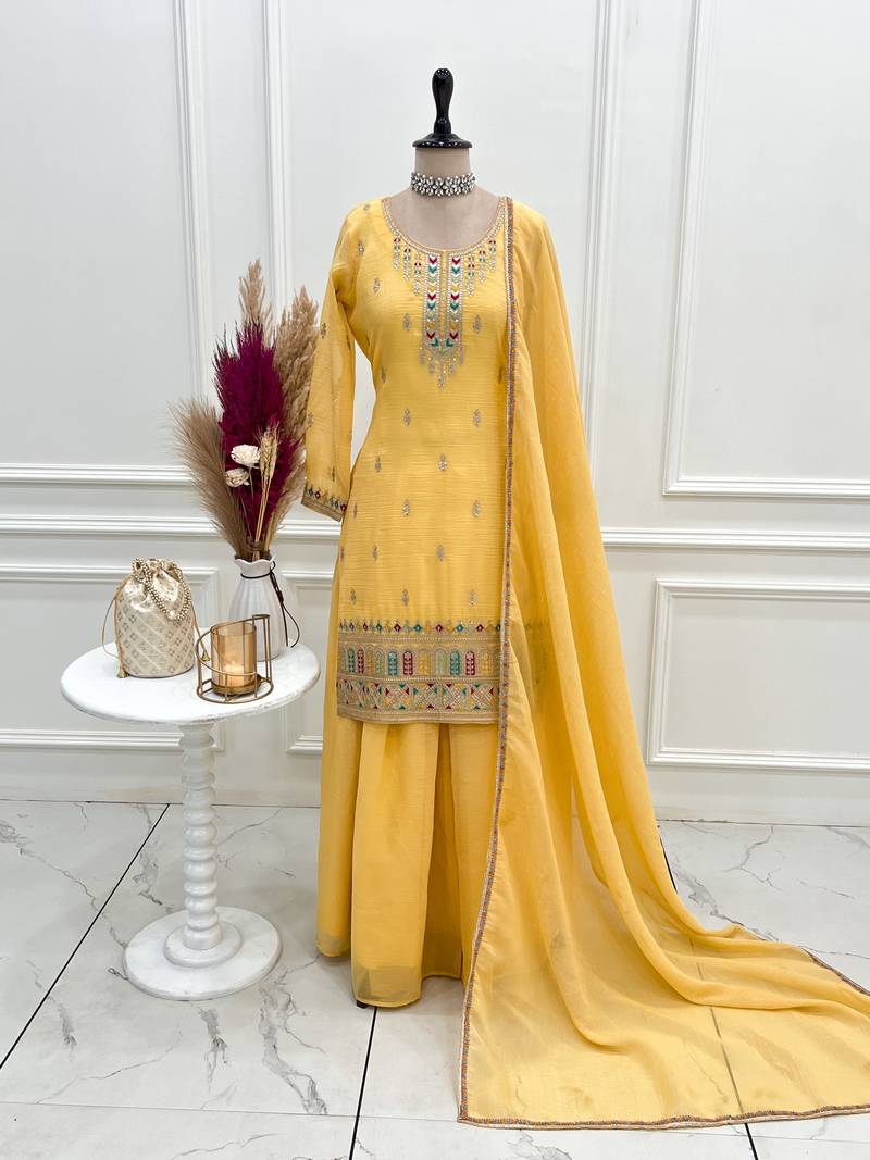 Yellow pure crunchy silk top kurta with sharara & dupatta | fancy embroidery sequence, dori, thread & zari work