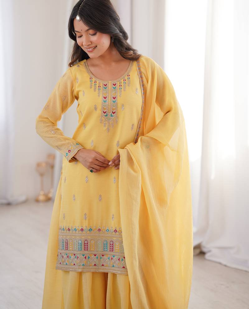 Yellow pure crunchy silk top kurta with sharara & dupatta | fancy embroidery sequence, dori, thread & zari work