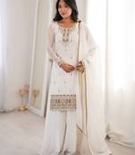 White pure crunchy silk top kurta with sharara & dupatta | fancy embroidery sequence, dori, thread & zari work