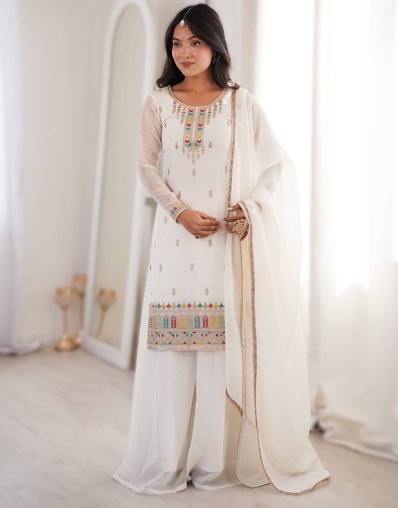 White pure crunchy silk top kurta with sharara & dupatta | fancy embroidery sequence, dori, thread & zari work