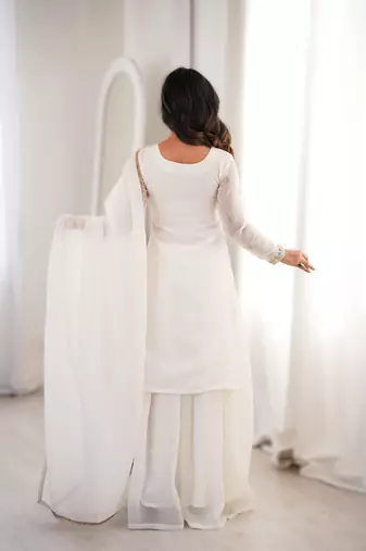 White pure crunchy silk top kurta with sharara & dupatta