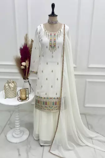 White pure crunchy silk top kurta with sharara & dupatta