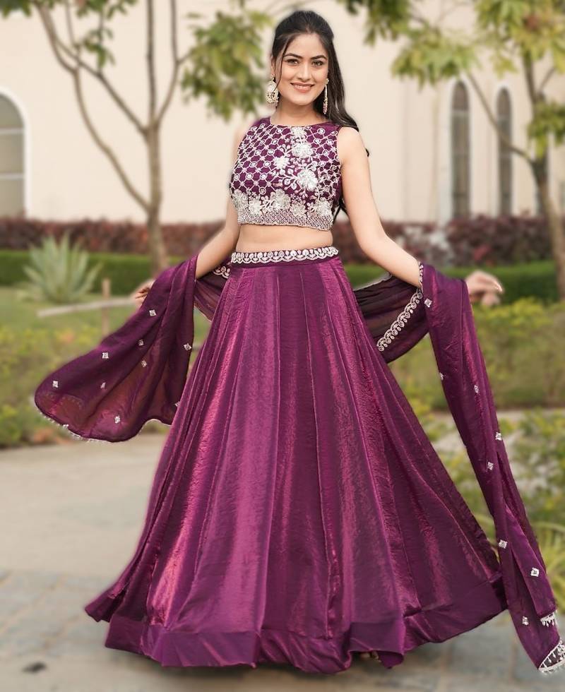 wine silk lehenga choli with bead work