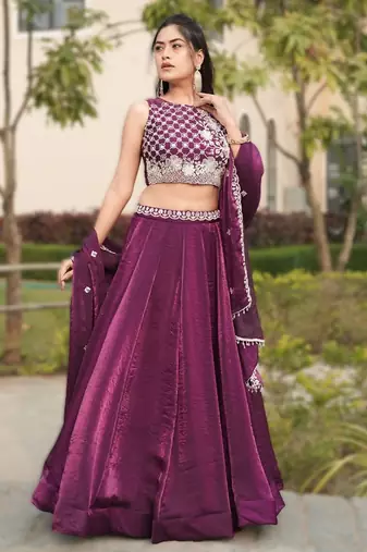 wine silk lehenga choli with bead work