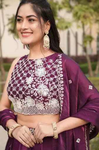 wine silk lehenga choli with bead work