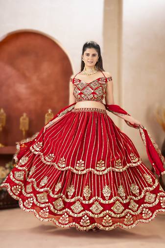 royal red faux georgette lehenga with sequins